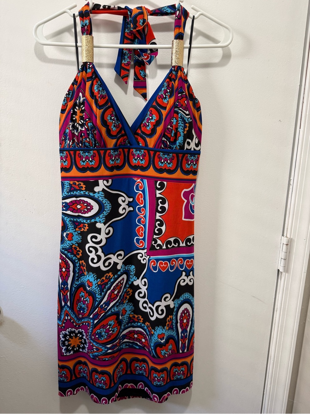 Cache Blue, Orange, Pink & Black Patterned Halter Midi Dress